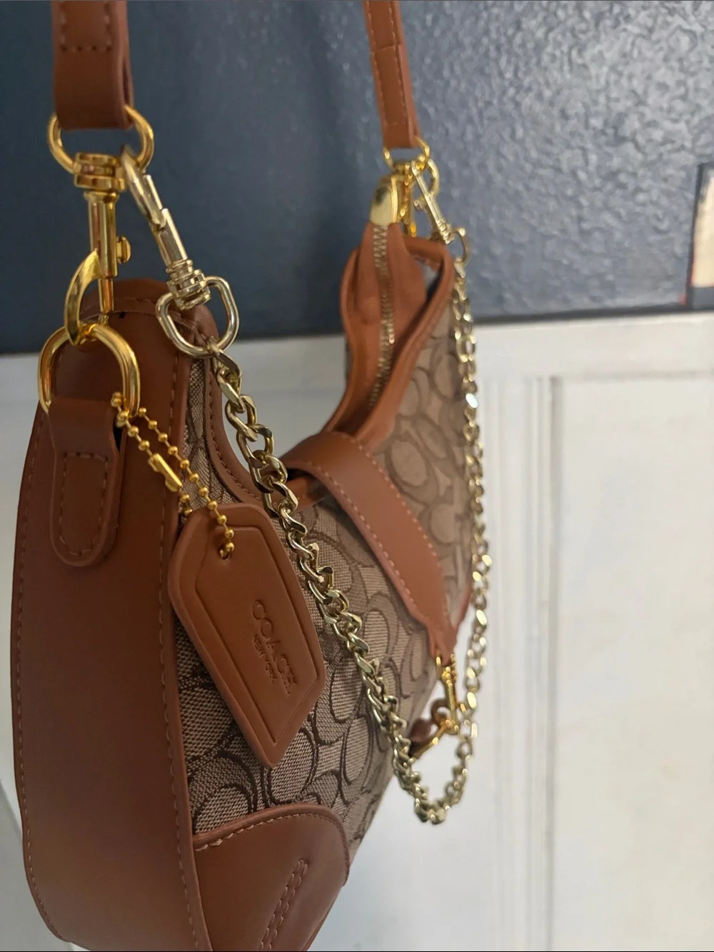 Coach Tan/Brown Signature Jacquard Shoulder Bag with Gold Hardware